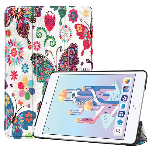 Etui en PU support triple motif imprimé papillons et fleurs pour votre Apple iPad mini (2019)