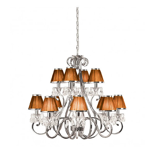 Interiors 1900 Chandelier Oksana, nickel poli, pampilles cristal, 12 abat-jours chocolat