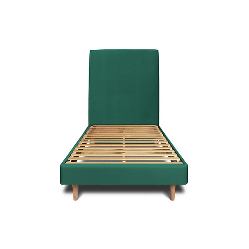 Sommeil de plomb Lit 90x190cm avec tête de lit tapissier velours et sommier kit vert - Hauteur totale : 29cm