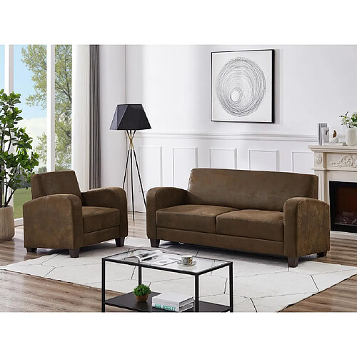 Vente-Unique Canapé 3 places et fauteuil club en microfibre marron aspect cuir vieilli MADIE II