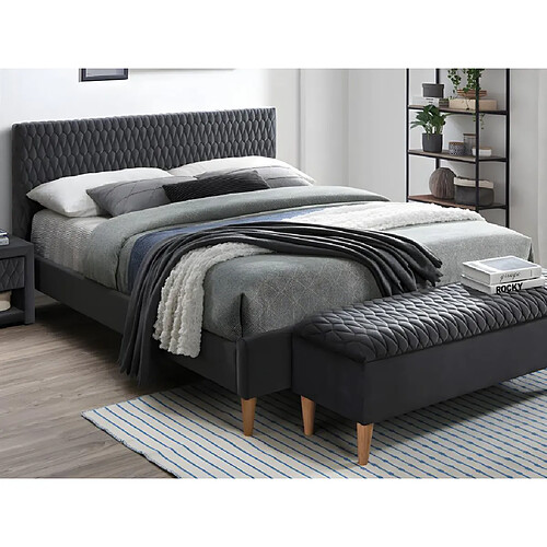 Vente-Unique Lit 140 x 190 cm avec tête de lit avec coutures - Velours - Gris + Matelas - DANIELE