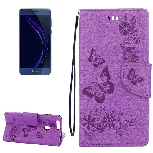 Wewoo Housse Étui Violet pour Huawei Honor 8 Papillons Gaufrage Horizontal en cuir Flip avec support & Slots de cartes Portefeuille & Longe