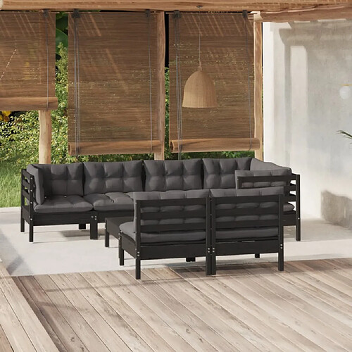 vidaXL Salon de jardin 8 pcs avec coussins Noir Bois de pin massif