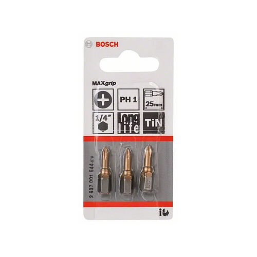 Lot de 3 embouts de vissage Max Grip Phillips PH1 à queue 6 pans mâle 1/4"" Longueur 25mm BOSCH 2607001544