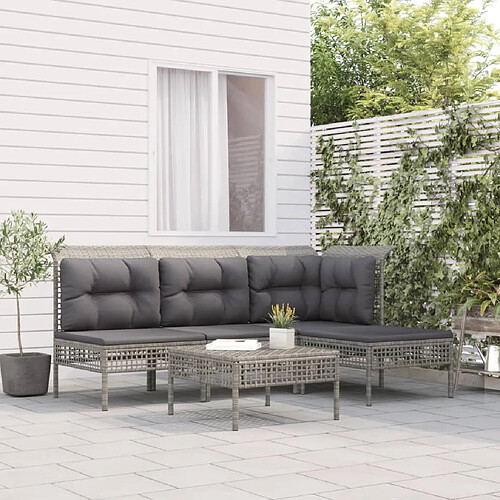 vidaXL Salon de jardin 5 pcs avec coussins Gris Résine tressée