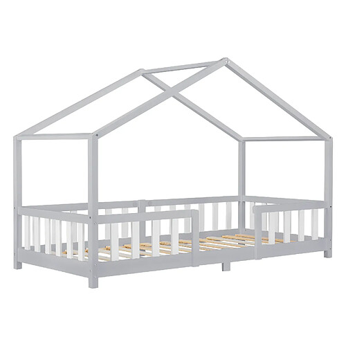 Lit d'Enfant Forme Maison avec Grille de Protection Treviolo 200 x 90 cm Gris Clair Blanc Mat Laqué [en.casa]