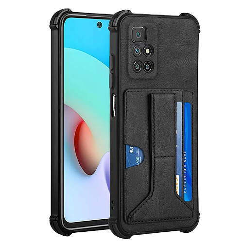 Coque en TPU + PU coussin aux quatre coins, anti-rayures avec béquille et porte-cartes noir pour votre Xiaomi Redmi 10/Redmi 10 Prime