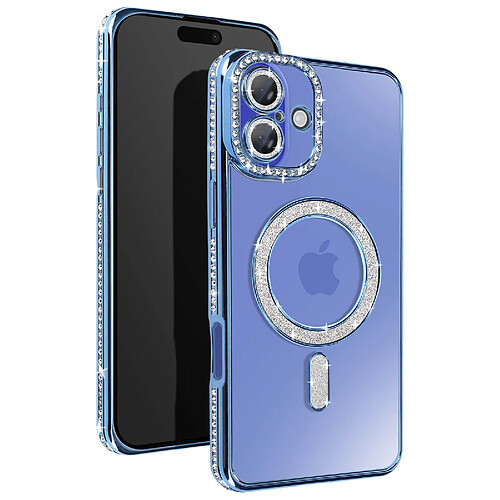 Avizar Coque Diamant pour iiPhone 16 Plus Protection MagSafe Contour Strass Bleu Clair