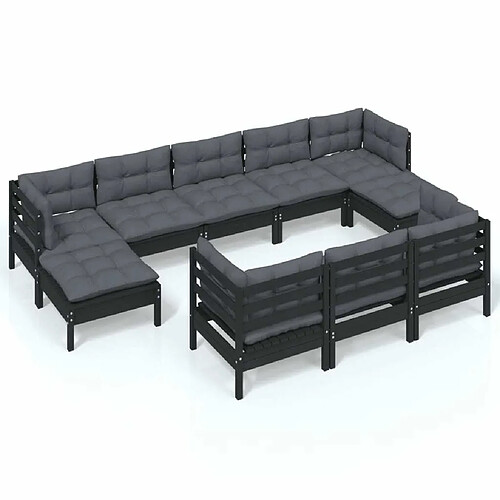 Maison Chic Salon de jardin 10 pcs + coussins - Mobilier/Meubles de jardin - Table et chaises d'extérieur Noir Bois de pin solide -MN51463