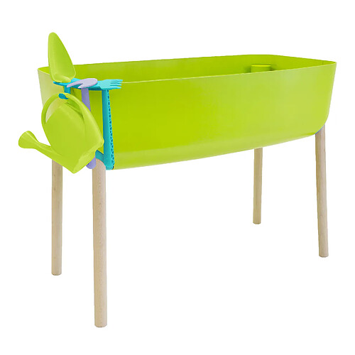 GARDENICO | Potager Enfant, Jardinière sur Pieds | Potager sur Pied, Plastique et Bois | Jardin Potager Enfant, à partir de 5 ans, Hauteur 56,5cm | 4 Accessoires : Râteau, Houe, Pelle, Arrosoir