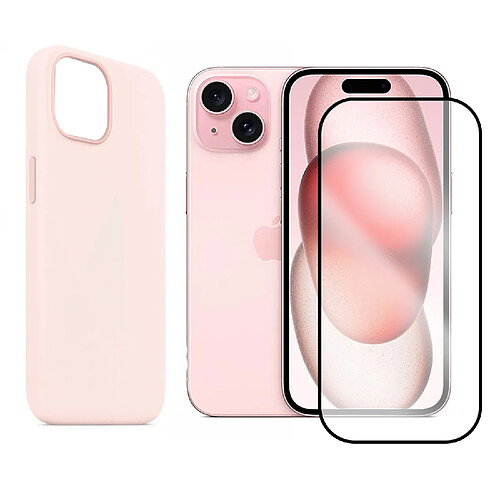 Coque de protection souple silicone Rose + Lot de 2 Verre trempé avec bords Noir pour iPhone 15 6.1" - VISIODIRECT -