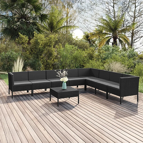 vidaXL Salon de jardin 9 pcs avec coussins Résine tressée Noir