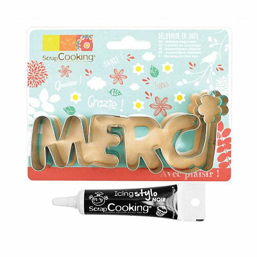 Scrapcooking Découpoir à biscuits en inox Merci + Stylo de glaçage noir