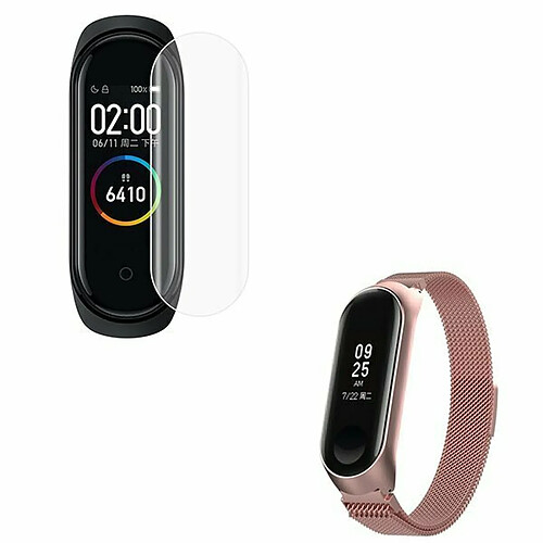 PHONECARE Kit Bracelet Milanese Loop Fermoir Magnétique + Film Protectora D'écran Gel Full Cover pour Xiaomi Mi Band 7 - Rose