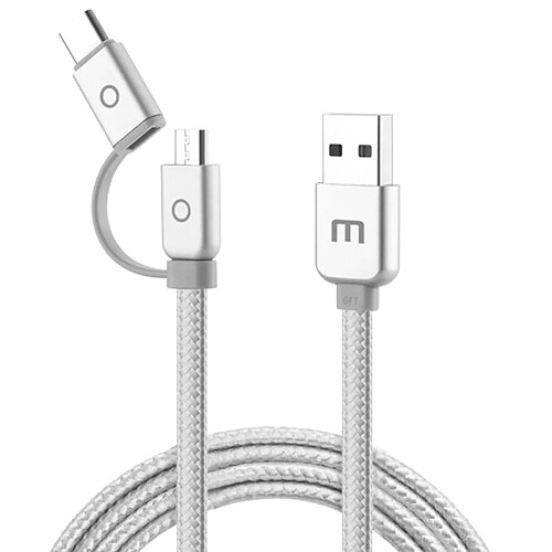 Wewoo Câble argent pour Samsung Galaxy S8 et S8 + / LG G6 / Huawei P10 P10 Plus / Xiaomi Mi6 & Max 2 autres Smartphones Meizu 1 m 2 en 1 Noodle Weave Style Metal Head 5V 2.0A USB-C / Type-C + Micro USB vers USB 2.0 Data Sync de chargement