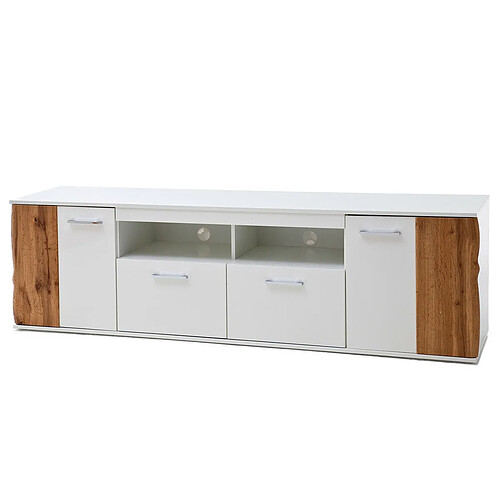 Pegane Meuble TV coloris blanc brillant et chêne wotan - Longueur 203 x Hauteur 59 x Profondeur 44 cm