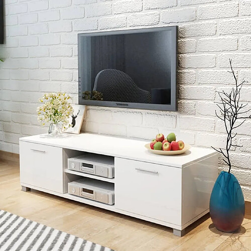 Maison Chic Meuble TV scandinave à haute - Banc TV pour salon brillance blanc 120x40,5x35 cm -MN90072