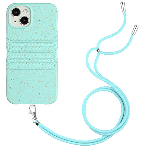 Coque en TPU + paille de blé entièrement biodégradable, texture naturelle, antidérapant avec sangle pour votre iPhone 13 mini 5.4 pouces - bleu ciel