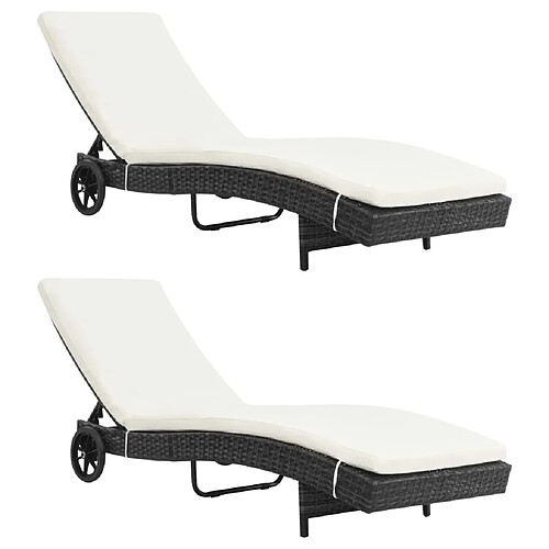 Maison Chic Lot de 2 Chaises longues | Bain de soleil Relax | Transat avec roues et coussins Résine tressée Noir -GKD51027