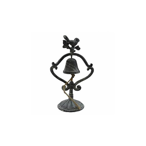 L'Héritier Du Temps Clochette de Comptoir Motif Oiseaux ou Présentoir à Cloche Carillon à Poser en Fonte Patinée Grise 9,5x16x28,5cm