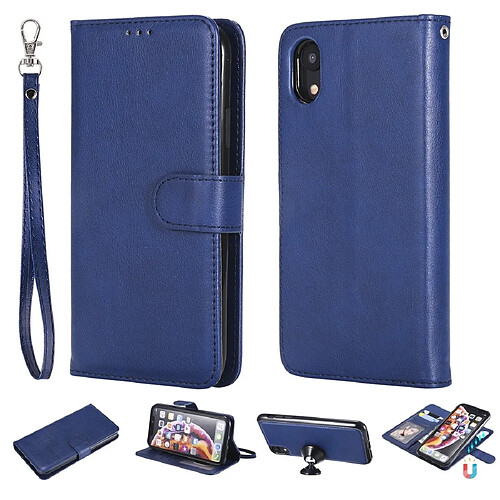 Wewoo Housse Coque Pour iPhone XR Étui de protection à rabat horizontal de couleur unie avec support et fentes cartes et portefeuille et cadre photo et lanière bleu