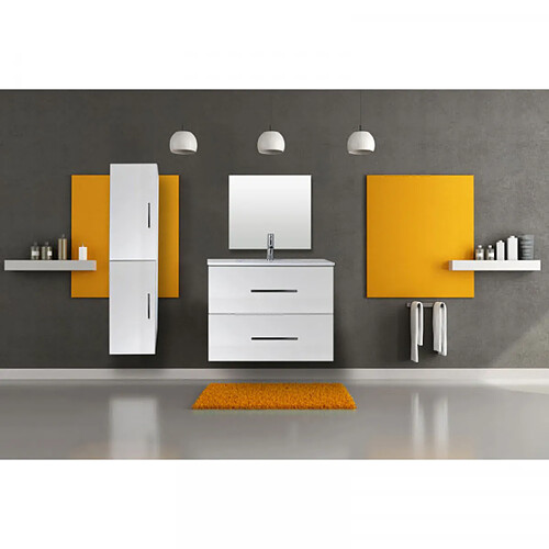 Dansmamaison Ensemble meuble sous vasque suspendu 2 tiroirs 80 cm Blanc + Miroir + Colonne - GUZO