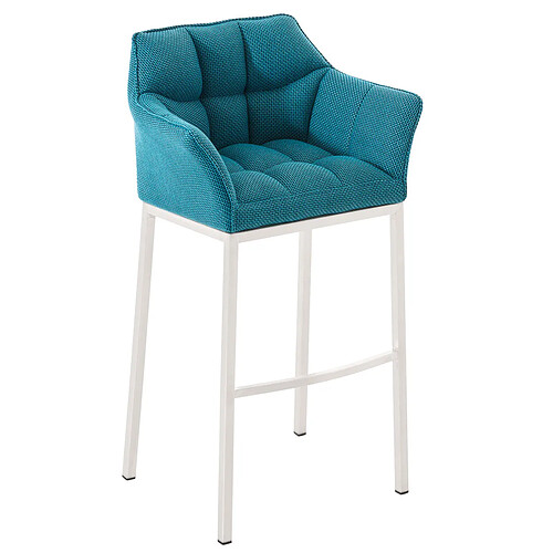 Decoshop26 Tabouret de bar chaise haute de comptoir couture carrées assise en tissu turquoise 4 pieds stables en métal blanc 10_0004761