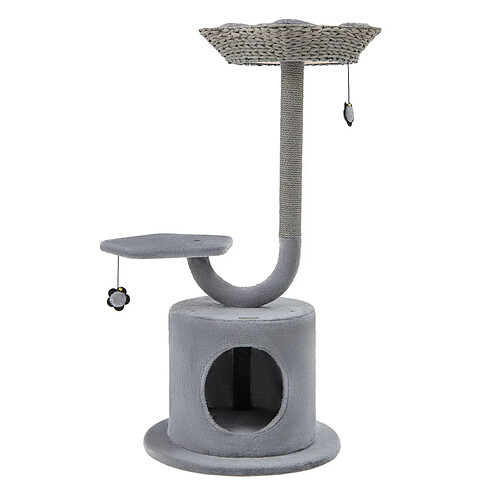 Helloshop26 Arbre à chat 106 cm perchoir condo et 2 balles suspendues tour à chat poteaux de soutien en métal et coussin amovible gris 20_0001597