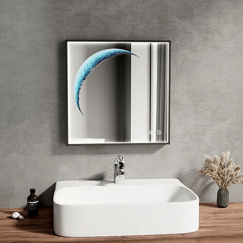 EMKE Miroir lumineux de salle de bain Miroir LED avec Cadre noir, Design décoratif lune, Interrupteur tactile, Anti-buée, 6500K Dimmable, 60x50 cm