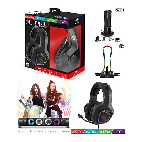 Spirit of Gamer Support Casque avec 4 Ports USB + CASQUE PRO GAMER EH50 RGB + Pack 2 enceintes SoundPhonic USB 2.0 LEDS RGB - 6W RMS Barre de son RG