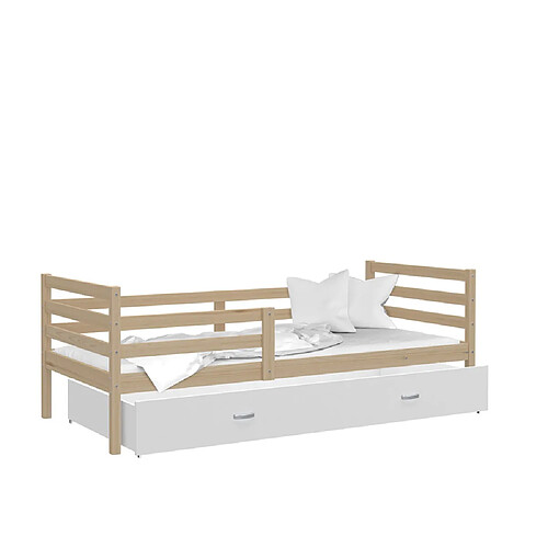 Kids Literie Lit Enfant Milo 90x190 Pin - blanc Livré avec sommiers, tiroir et matelas en mousse de 7cm