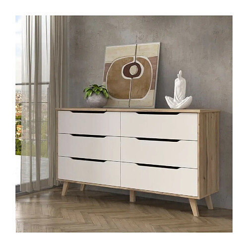 VANKKA Commode 6 tiroirs - Decor chene et blanc - L 154 x P 42 x H 86 cm