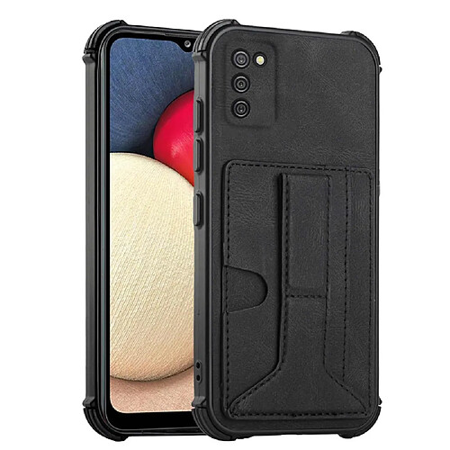 Coque en TPU + PU léger, anti-chute, avec béquille et porte-cartes pliable noir pour votre Samsung Galaxy A02s (164.2x75.9x9.1mm)