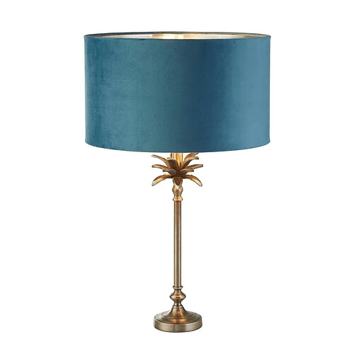 Searchlight Lampe de table en nickel antique, abat-jour en velours bleu sarcelle