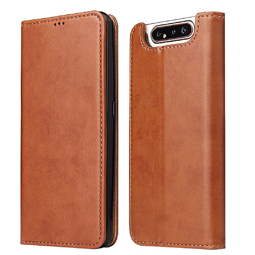 Wewoo Housse Coque Etui en cuir à rabat horizontal PU avec texture + derme porte-cartes et pour Galaxy A80 Marron