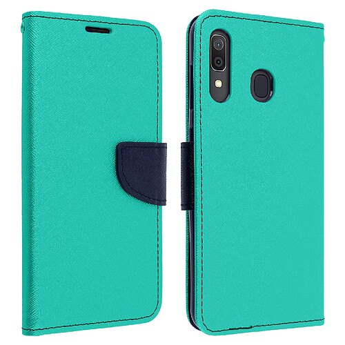 Avizar Étui Galaxy A30 Rangement carte Stand Vidéo Fancy Style Vert d'eau et Bleu Nuit