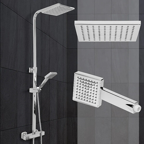 Ecd Germany Système de douche complet en acier colonne montante argent carré avec thermostat