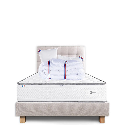 LUXURY LITERIE Ensemble matelas Iris 140x200 cm + sommier beige ep20cm + 2 oreillers + couette + Tête de Lit