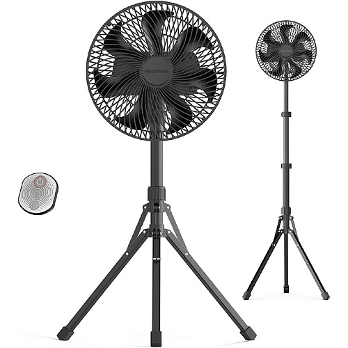 (Trépied 10", Noir) Ventilateur sur Pied Portable avec Télécommande (Ventilateur de Camping Rechargeable Pliable) 10000mAh, avec Trépied Détachable, Ventilateur sur Pied Silencieux Réglable à 4 Vitesses