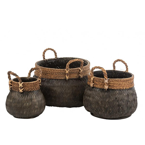 Dansmamaison Set Of 3 Baskets+Handle Ball Bamboo+Rope Black