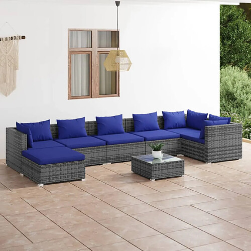 vidaXL Salon de jardin 8 pcs avec coussins résine tressée gris