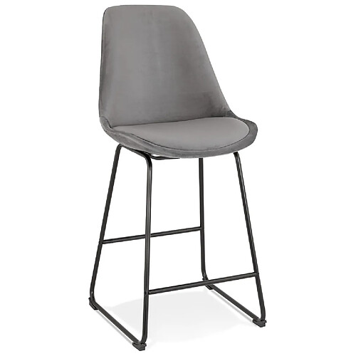 Alterego Tabouret snack mi-hauteur 'BULLY MINI' en velours gris et pieds en métal noir