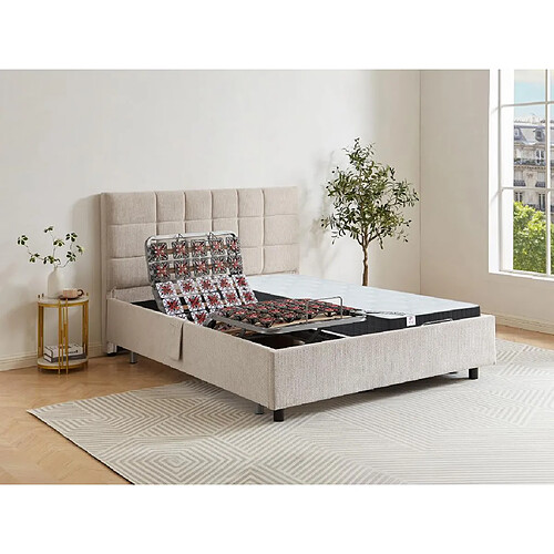 Vente-Unique Lit électrique de relaxation déco tout plots + matelas ressorts ensachés et mémoire de forme - 2 x 80 x 200 cm - Tissu - Beige - MANAM de DREAMEA