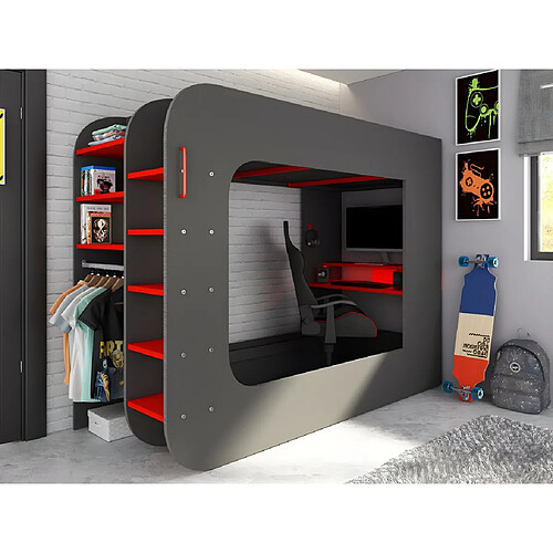 Vente-Unique Lit mezzanine gamer 90 x 200 cm - Avec bureau et rangements - Avec LEDs - Anthracite et rouge + matelas - WARRIOR