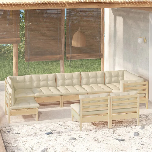 vidaXL Salon de jardin 9 pcs avec coussins crème bois de pin massif