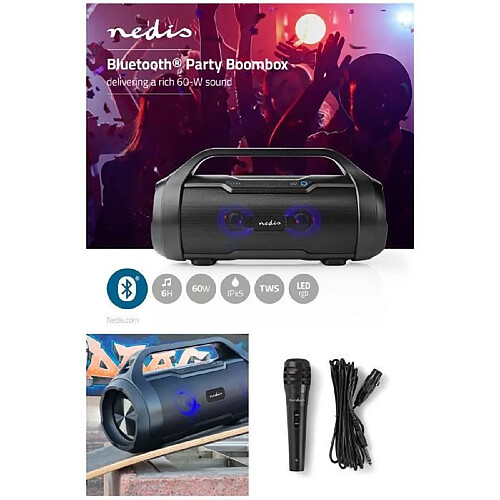 NEDIS Enceinte Portable Party Bluetooth Stéréo 2.0 60 W USB Micro SD Basses pures USB IPX5 TWS ETANCHE EXT + Micro dynamique