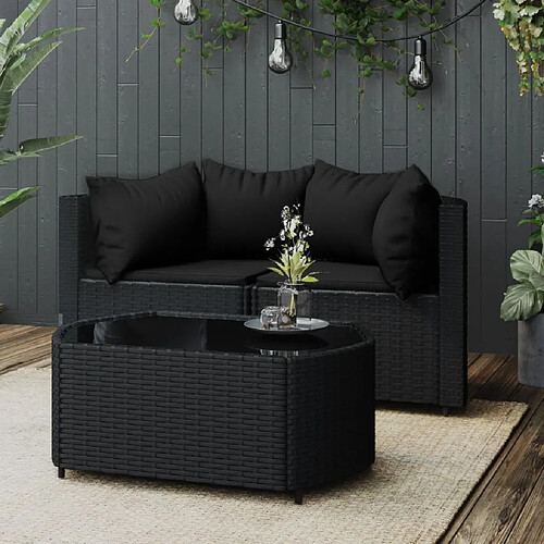 vidaXL Salon de jardin 3 pcs avec coussins Noir Résine tressée