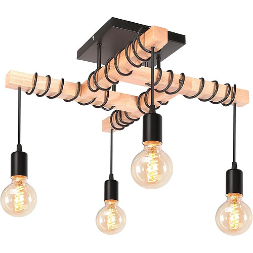 Stoex 4 Lampes Suspension Luminaire Vintage E27 Éclairage De Plafond Rétro Noir Lustre Plafonnier En Métal Et Bois Pour Salon Salle À Manger Cuisine