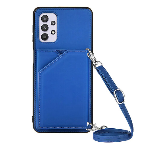 Coque en TPU + PU Brillant avec support, porte-cartes et sangle de maintien bleu pour votre Samsung Galaxy A32 5G