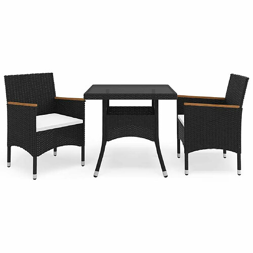 Salle à dîner de jardin 3 pcs,Table et chaise à manger Noir Résine tressée et acacia -MN76036